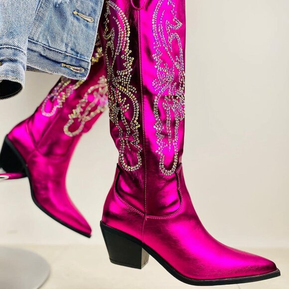 BRAND NEW | Hot Pink Metallic Western Cowboy Boots - Picture 2 of 3